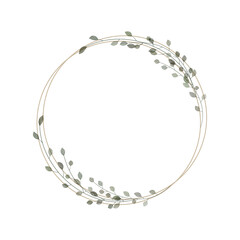 Circle border in rustic, minimalistic and watercolor style. Geometric frame with watercolor branches and leaves. Modern frame for design wedding invitation and greeting card. Vector
