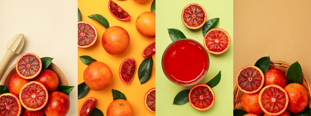 Collage of photos of red orange juice and ingredients