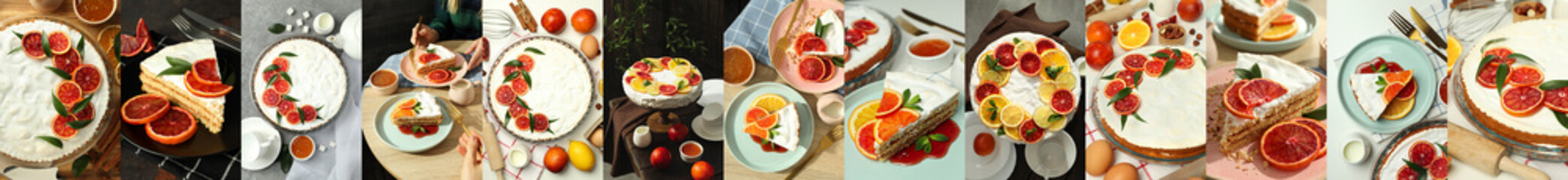 Collage of photos of meringue cake with citrus