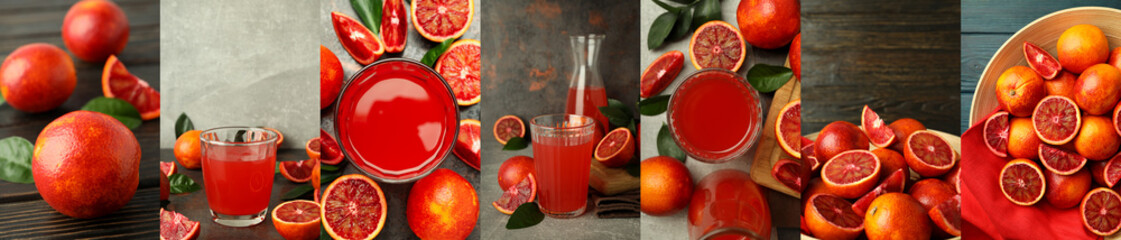 Collage of photos of red orange juice and ingredients