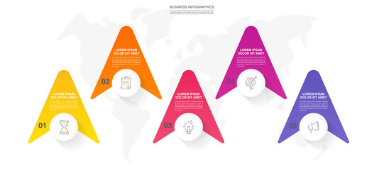 Vector infographics with 5 arrows and circles. Modern business concept graphic process template with five steps and icons. Graphic timeline for a project on white background