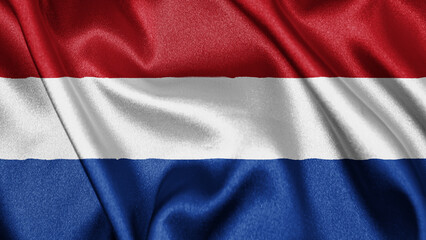 Close up realistic texture fabric textile silk satin flag of Netherlands waving fluttering background. National symbol of the country. 27th of April, Happy Day concept
