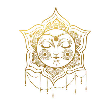 Aesthetic golden boho sun with ornaments and decorations. Vector hand drawing in slavic style, icon isolated on white background.