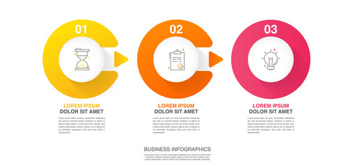 Business vector infographics with three circles and arrows. Timeline visualization with 3 steps for diagram, flowchart, banner, presentations, web, content, levels, chart, graphic