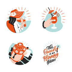 he stylized icons with girls drinking cocktails and beach slogan