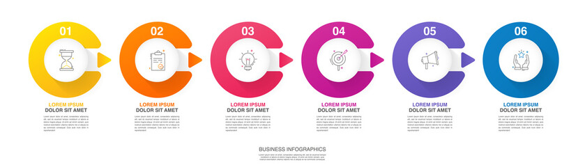 Business vector infographics with six circles and arrows. Timeline visualization with 6 steps for diagram, flowchart, banner, presentations, web, content, levels, chart, graphic