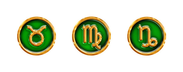 Zodiac signs. Gold icons set with astrology symbols in round frames for horoscope template. Shiny zodiac icons with bright glass isolated on white background. Element of earth.