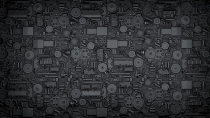 Dark mechanical texture. 3d render vehicle parts pattern. Transport Technology background with car parts, gear wheels, heap of auto parts, springs, wheels. 3d illustration