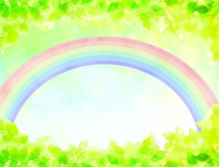 新緑　森から虹が見える風景　背景壁紙
