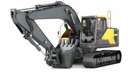 Construction equipment. Heavy black excavator with a folded boom on a white background, isolated. 3d illustration