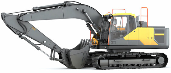 Heavy excavator on a white background, isolated. View from the cabin. 3d illustration