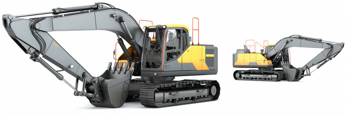 Construction equipment. Two excavators on a white background, isolated. 3d illustration - obrazy, fototapety, plakaty