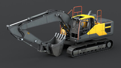 Heavy black excavator with yellow cab on a dark background, shallow depth of field. 3d illustration