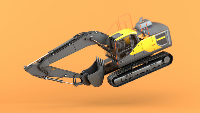 The excavator hangs in space on an orange background. Shallow depth of field. Concept with construction equipment. Template with empty background. 3d illustration
