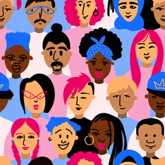 Seamless pattern with young and elderly men and women with different skin color. Different nationalities concept. Vector design for textile, wrapping paper, greeting cards.