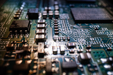 Circuit board background. Electronic circuit board texture. Computer technology, digital chip,...