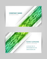 Creative business card set green flow techno geometric transition abstract design vector background. Dynamic mesh futuristic namecard template virtual network cyberspace texture with place for text