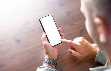 Man using mobile phone, blank white screen mockup
