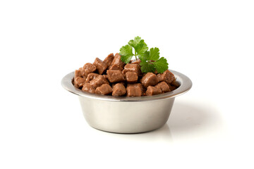 Delicious wet food for a cat or dog, pieces of nutritious meat for an animal, dog or cat in a plate on a white background.