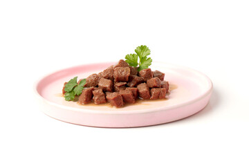 Delicious wet food for a cat or dog, pieces of nutritious meat for an animal, dog or cat in a plate...