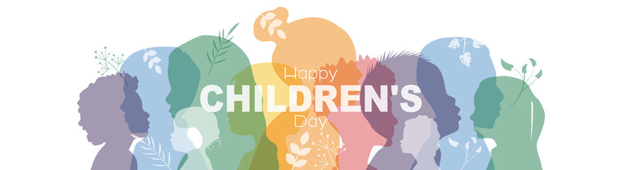 Happy Children's Day card. Children stand side by side together. Flat vector illustration.