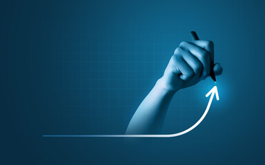 Hand write growth success business arrow symbol up background of development financial profit graph...