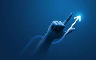 Hand pointing growth arrow success business target background of up icon direction development...