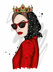 Portrait of a beautiful girl in a crown. Vector illustration. Fashion and Style.
