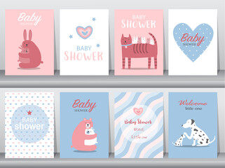 Fototapeta na wymiar Set of baby shower invitations cards,poster,greeting,template,cute,animal,Vector illustrations.