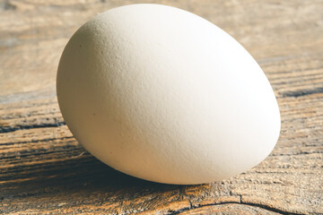 A Fresh White Egg on a wooden rustic background. Close up with shallow depth of field.