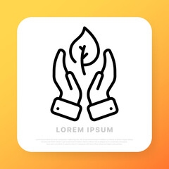 Hand with leaf line icon. Green leaf in the palms. Grean peace. Save world. Ecology concept. Line icon style. Vector line icon for Business and Advertising