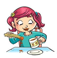Illustration of little girl eating churros with chocolate