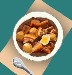 Egg and pork in sweet brown sauce
