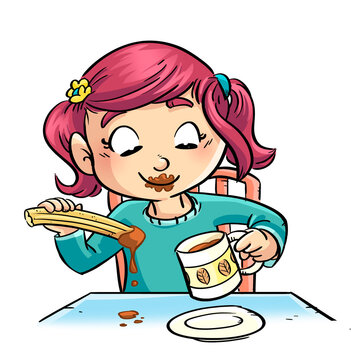 Illustration of little girl eating churros with chocolate
