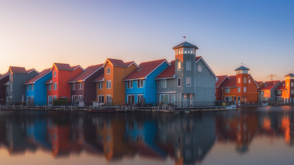 Colorful houses beside the lake at dusk in Groningen, Nehterlands