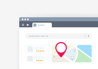 Near Me Search - local seo marketing strategy based on regional consumer searches for services or product nearby. Browser with search result and map of nearby places with descriptions and ratings - obrazy, fototapety, plakaty