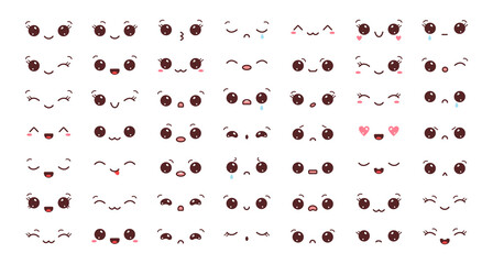Big set of kawaii faces. Collection of kawaii eyes and mouths with different emotions. Vector illustration isolated on white background