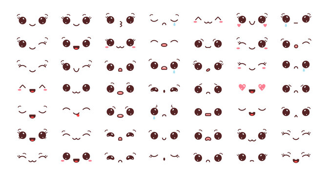 Big set of kawaii faces. Collection of kawaii eyes and mouths with different emotions. Vector illustration isolated on white background