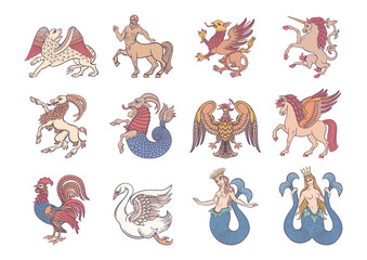 Heraldic mythical animals and creatures. Traditional character styles for coats of arms and shields. Clip art, set of elements for design Vector illustration. - obrazy, fototapety, plakaty