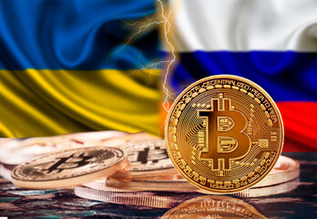 Bitcoin coin and russian and ukrainian flag background, bitcoin with ukrainian and russian flag background, conflict of interest between Russia and Ukraine