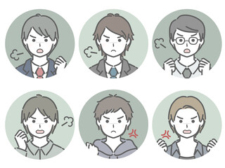 怒る若い男性の丸アイコンセット