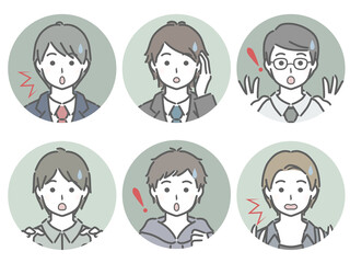 驚く若い男性の丸アイコンセット