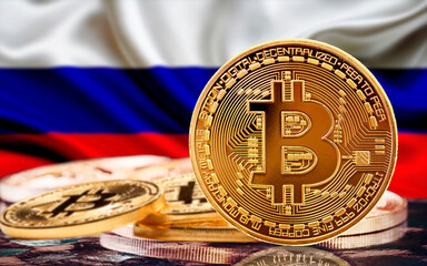 Bitcoin coin and russian flag in the background, several bitcoin coins with russian flag in the background, bitcoin and russia concept