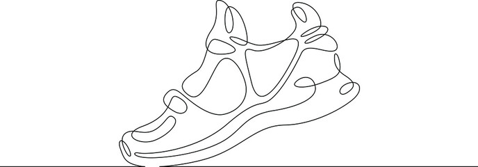 One continuous line.Sneakers for teenagers. Stylish beautiful shoe. Sport shoes. Modern sneakers.One continuous line drawn isolated, white background.