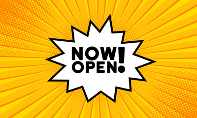 Speech bubble with now open text. Boom retro comic style. Pop art style. Vector line icon for Business and Advertising