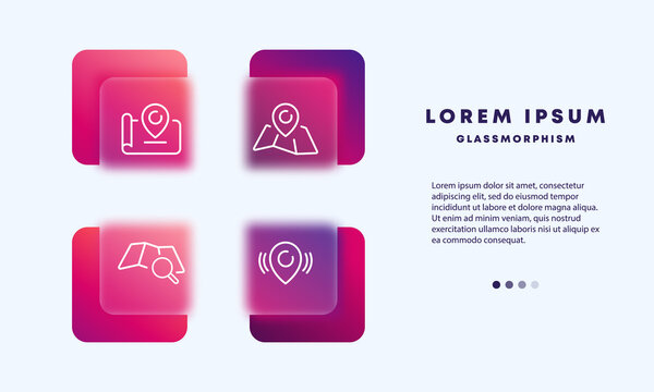 Map set icon. Location, navigation, gps, pointer, route, distance. Cartography and cryptography concept. Glassmorphism style. Vector line icon for Business and Advertising