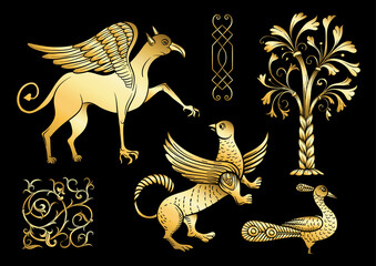 Byzantine traditional historical motifs of animals, birds, flowers and plants Clip art, set of elements for design in gold and black Vector illustration.
