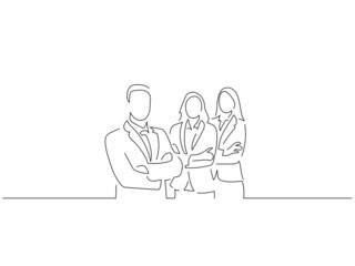 Company work team in line art drawing style. Composition of a group of business people doing their job. Black linear sketch isolated on white background. Vector illustration design.
