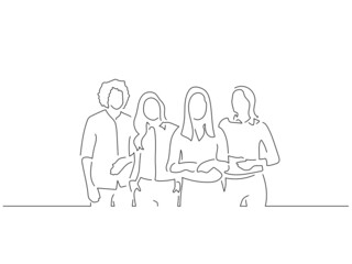 Company work team in line art drawing style. Composition of a group of business people doing their job. Black linear sketch isolated on white background. Vector illustration design.