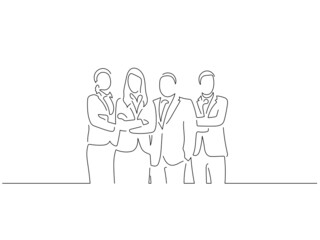 Company work team in line art drawing style. Composition of a group of business people doing their job. Black linear sketch isolated on white background. Vector illustration design.